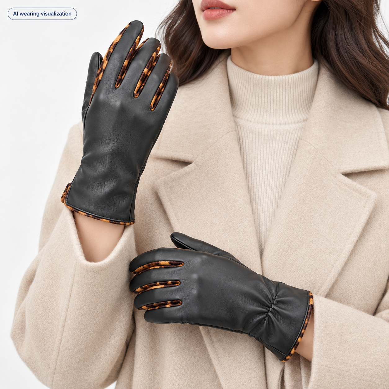 AI wearing visualization of black leather gloves with leopard-print finger gussets and cuff trim