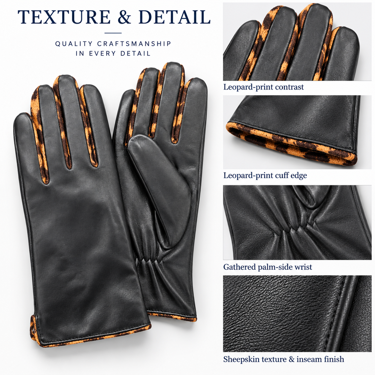 Black leather gloves with leopard finger gussets, cuff trim and gathered palm-side wrist