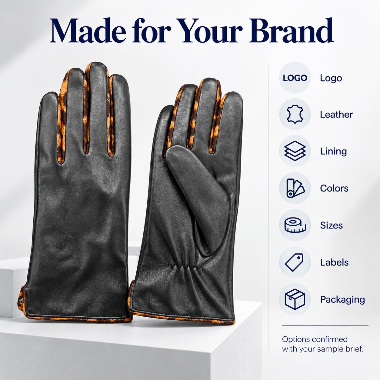 Factory customization options for glove logo, leather, lining, colors, sizes, labels and packaging