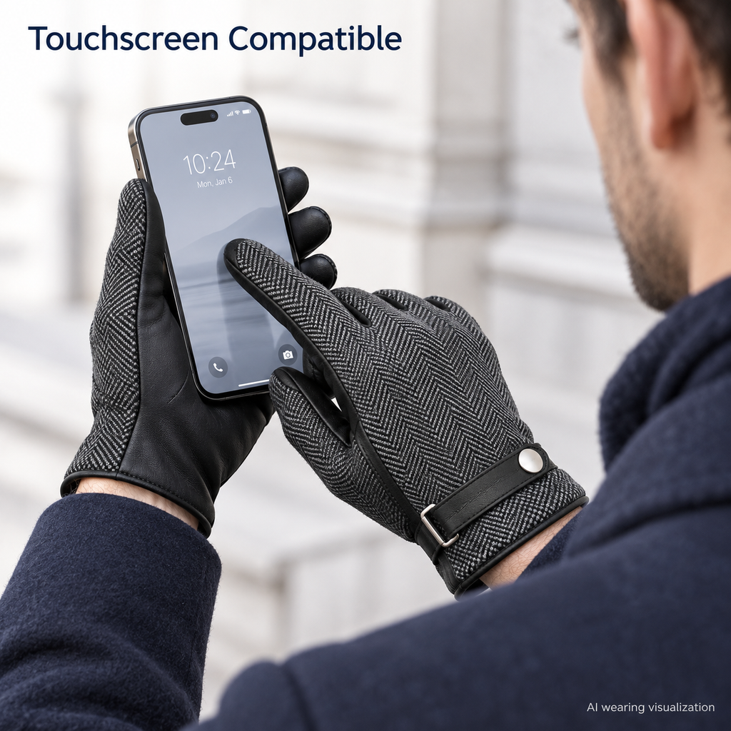 AI touchscreen use visualization of herringbone leather gloves