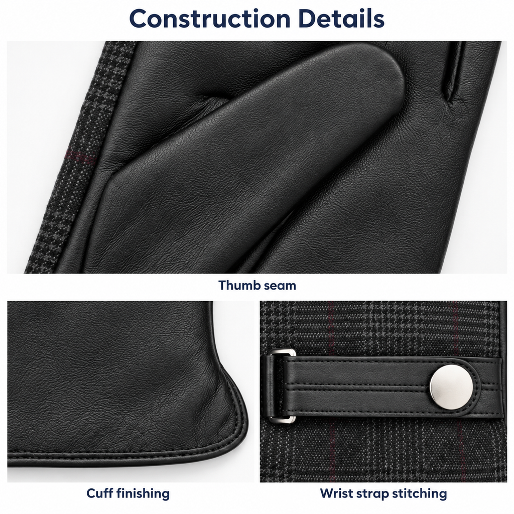 Check Fabric and Leather Gloves with Wrist Strap product detail