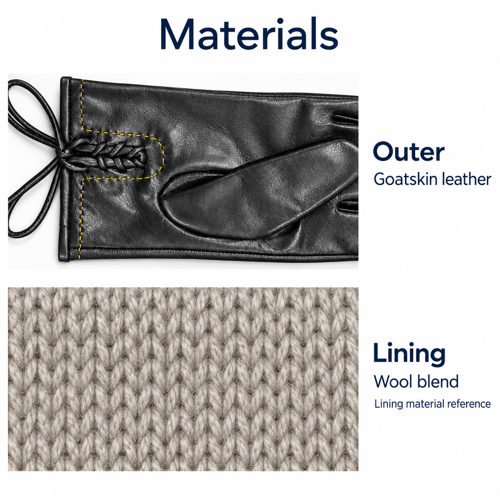 Leather and lining material reference; confirm lining composition during sampling