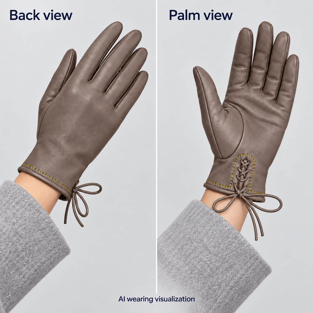 Women's Taupe Leather Gloves with Lace-Up Cuffs product detail