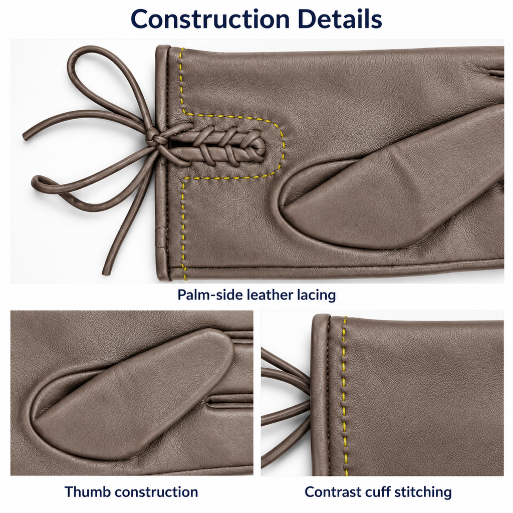 Women's Taupe Leather Gloves with Lace-Up Cuffs product detail
