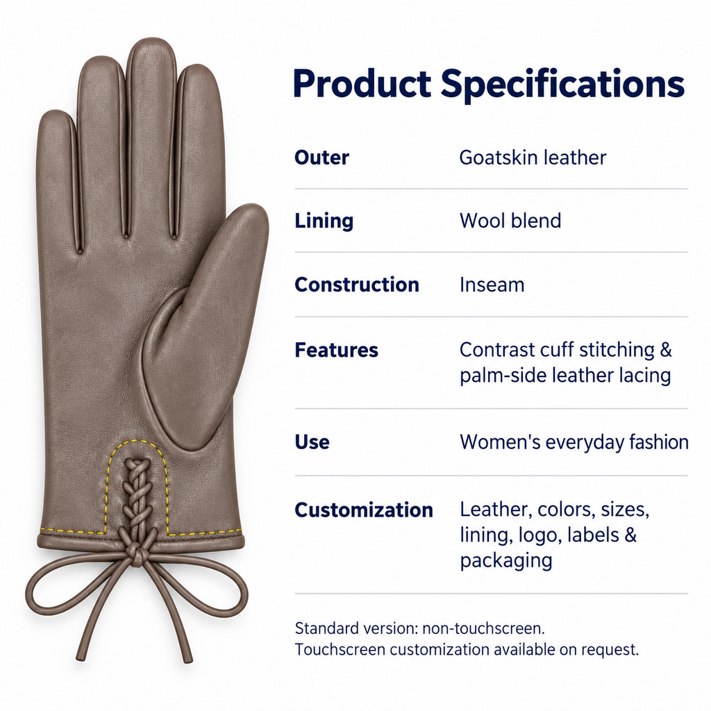 Women's Taupe Leather Gloves with Lace-Up Cuffs product detail