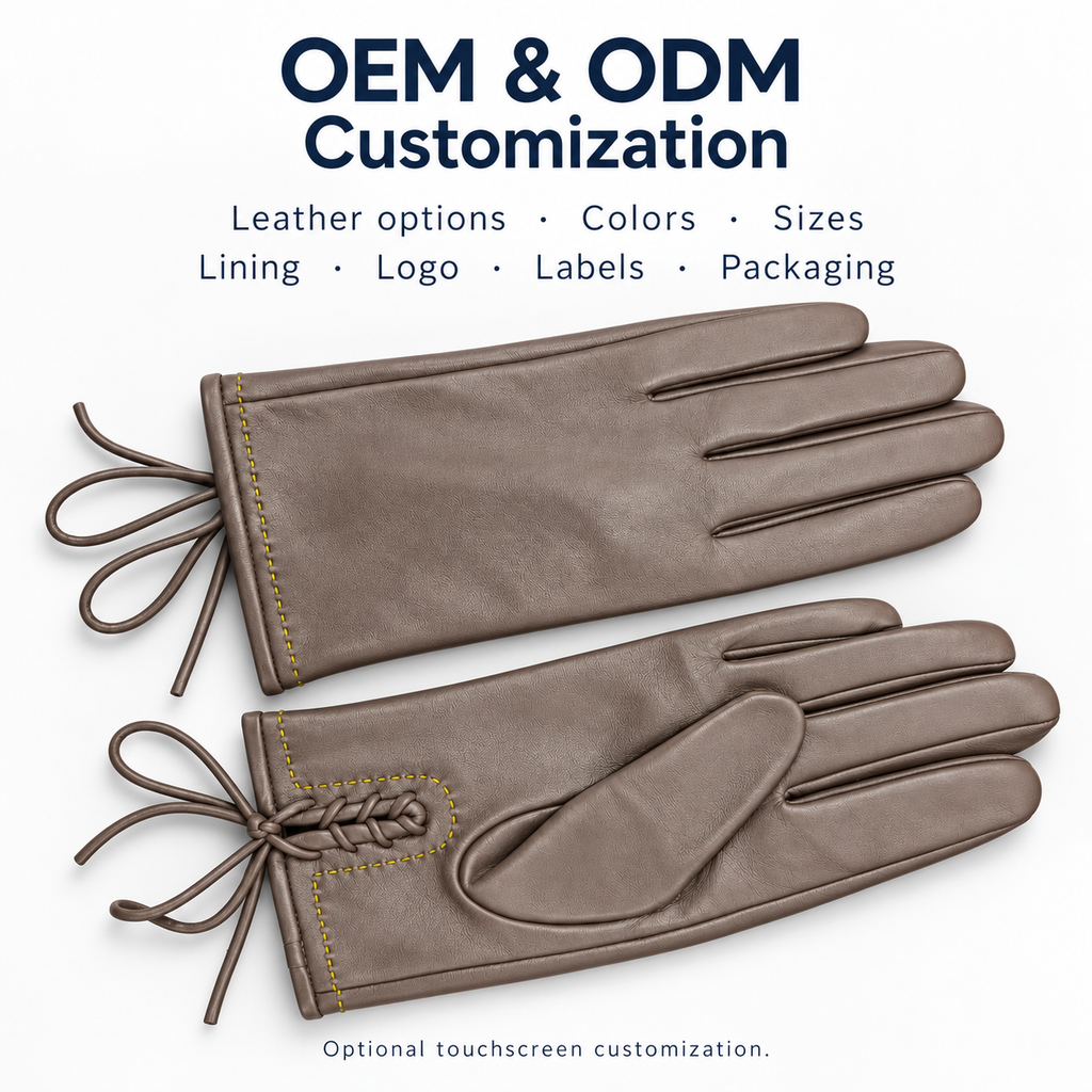 Women's Taupe Leather Gloves with Lace-Up Cuffs product detail
