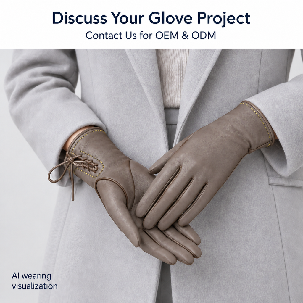 Women's Taupe Leather Gloves with Lace-Up Cuffs product detail